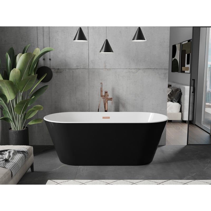 Mexen Flavia freistehende Badewanne 150 x 75 cm, weiß/schwarz, Überlauf gebürstetes Kupfer - 54031507575-65