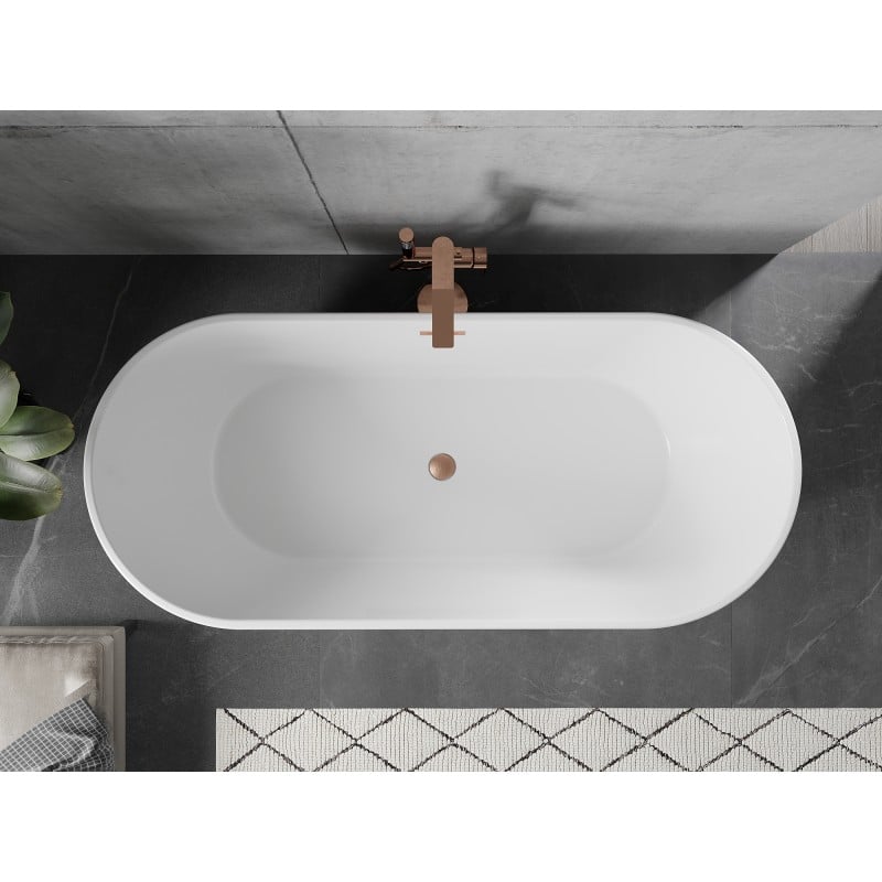Mexen Flavia freistehende Badewanne 150 x 75 cm, weiß/schwarz, Überlauf gebürstetes Kupfer - 54031507575-65