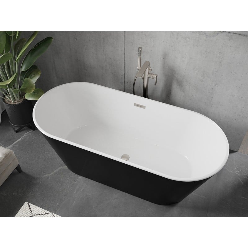 Mexen Flavia freistehende Badewanne 150 x 75 cm, weiß/schwarz, Überlauf gebürsteter Nickel - 54031507575-97