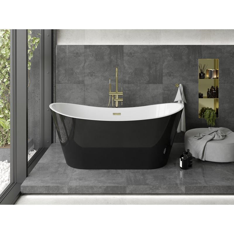 Mexen Montana freistehende Badewanne 150 x 75 cm, weiß/schwarz, Überlauf gold - 52011507575-50