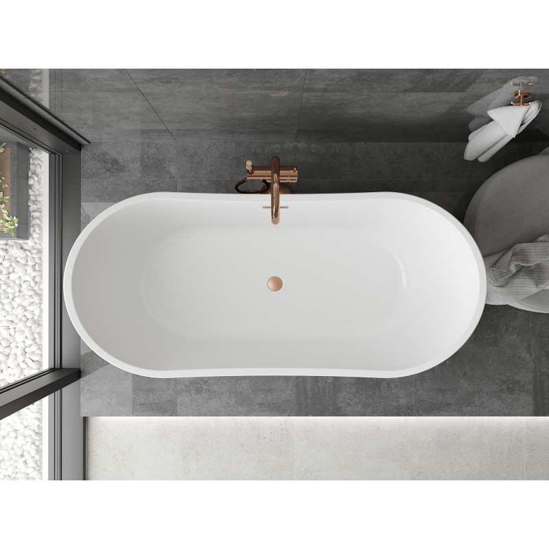 Mexen Montana freistehende Badewanne 150 x 75 cm, weiß/schwarz, Überlauf gebürstetes Kupfer - 52011507575-65