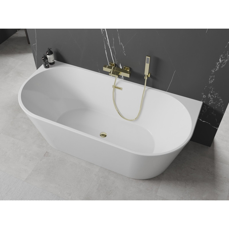 Mexen Oval freistehende Wanne an der Wand 140 x 75 cm, weiß, Überlauf gold - 52671407500-50