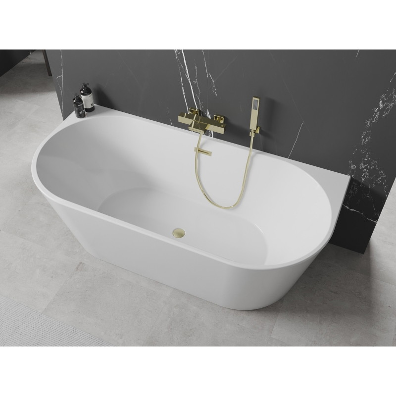 Mexen Oval freistehende wandnahe Badewanne 140 x 75 cm, weiß, Überlauf in gebürstetem Gold - 52671407500-55