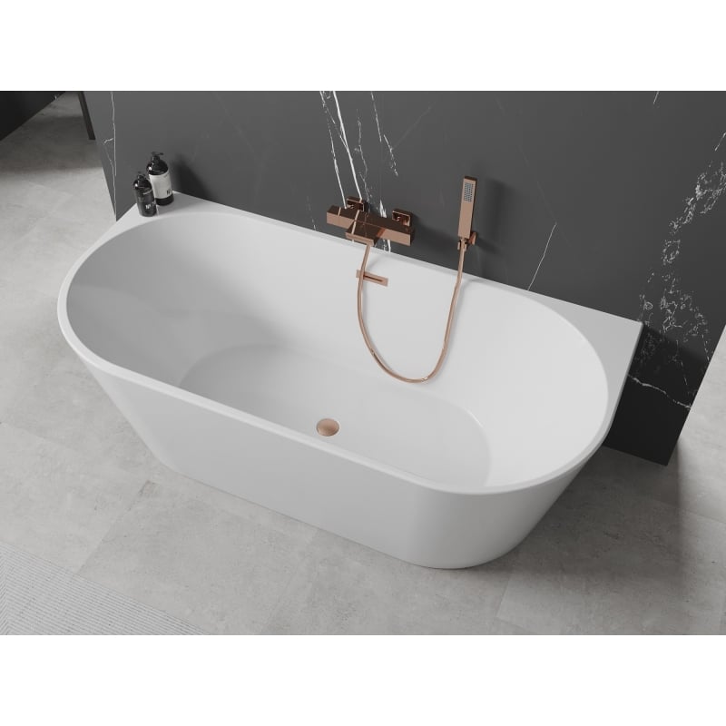Mexen Oval freistehende, wandnahe Badewanne 140 x 75 cm, weiß, Überlauf gebürstetes Kupfer - 52671407500-65