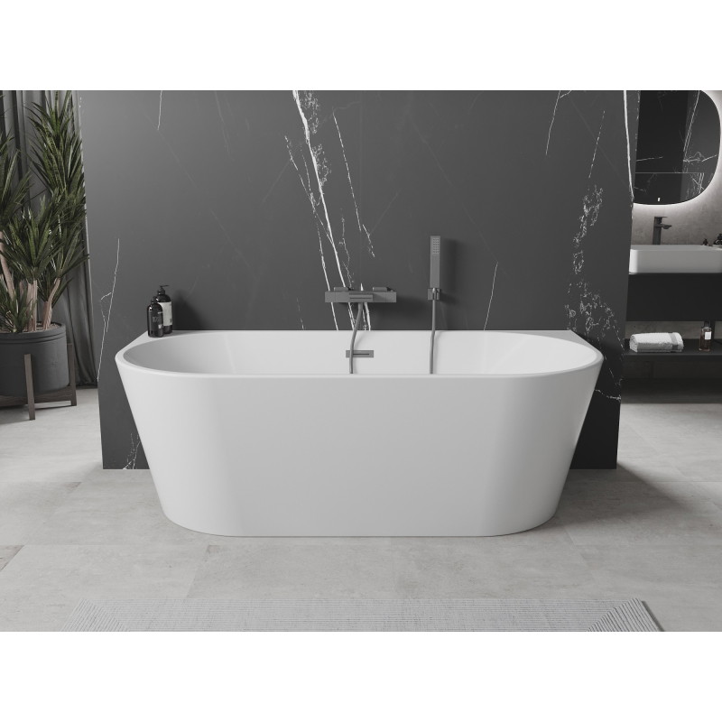 Mexen Oval freistehende, wandnahe Badewanne 140 x 75 cm, weiß, Überlauf gun gray gebürstet - 52671407500-66