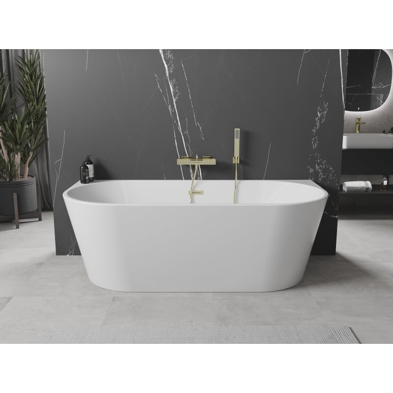 Mexen Oval freistehende Badewanne an der Wand 150 x 75 cm, weiß, Überlauf gebürstetes Gold - 52671507500-55