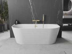 Mexen Oval freistehende Badewanne an der Wand 150 x 75 cm, weiß, Überlauf gebürstetes Gold - 52671507500-55