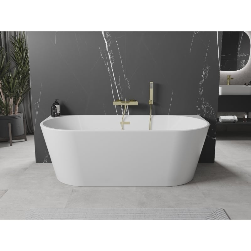 Mexen Oval freistehende, an die Wand gestellte Badewanne 180 x 80 cm, weiß, Überlauf gold - 52671808000-50