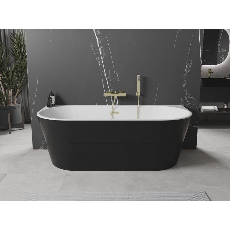 Mexen Oval freistehende Vorwand-Badewanne 150 x 75 cm, weiß/schwarz, Überlauf gebürstet gold - 52671507575-55