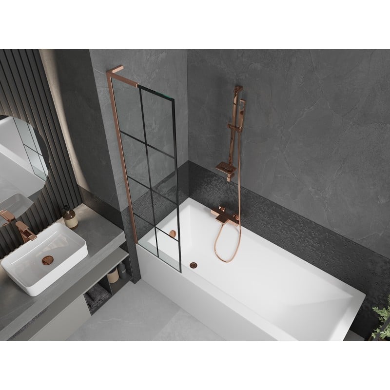 Mexen Next L Badewannenwand 1-flügelig 50 x 150 cm, schwarzes Gitter, gebürstetes Kupfer - 895-050-000-03-77-65