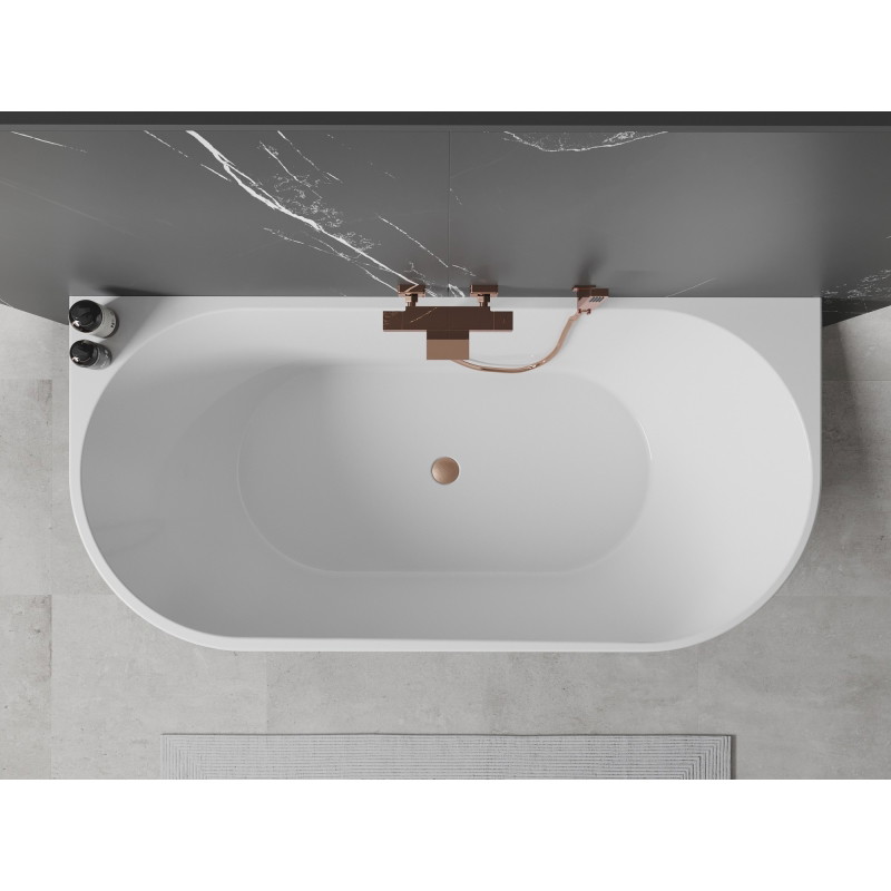 Mexen Oval freistehende Wanne zur Wandmontage 150 x 75 cm, weiß/schwarz, Überlauf in gebürstetem Kupfer - 52671507575-65
