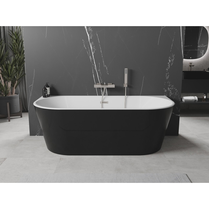 Mexen Oval freistehende, wandnahe Badewanne 150 x 75 cm, weiß/schwarz, Überlauf aus gebürstetem Nickel - 52671507575-97