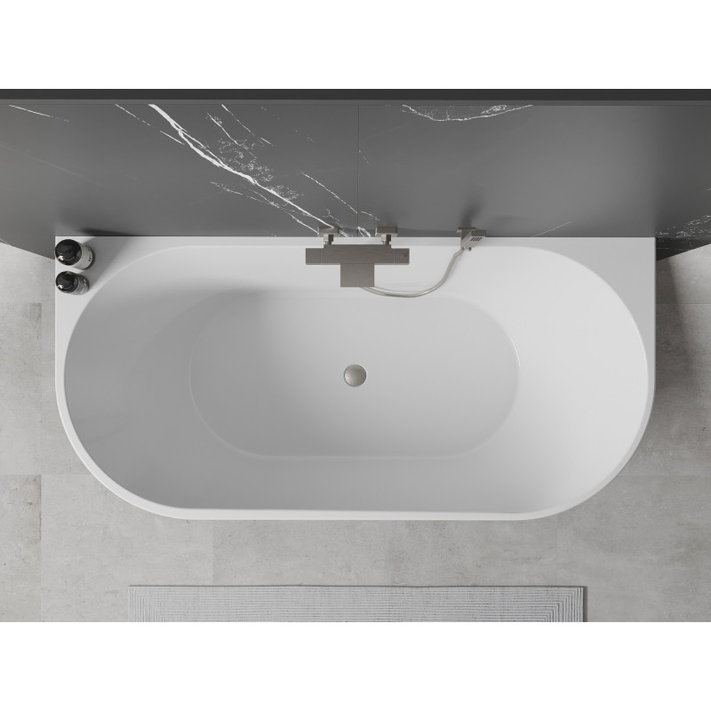 Mexen Oval freistehende, wandnahe Badewanne 150 x 75 cm, weiß/schwarz, Überlauf aus gebürstetem Nickel - 52671507575-97