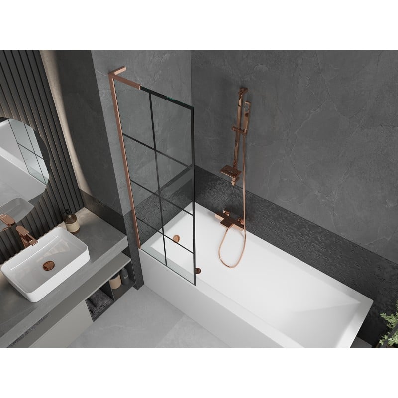 Mexen Next L Badewannenabtrennung 1-flügelig 60 x 150 cm, schwarzes Gitter, gebürstetes Kupfer - 895-060-000-03-77-65