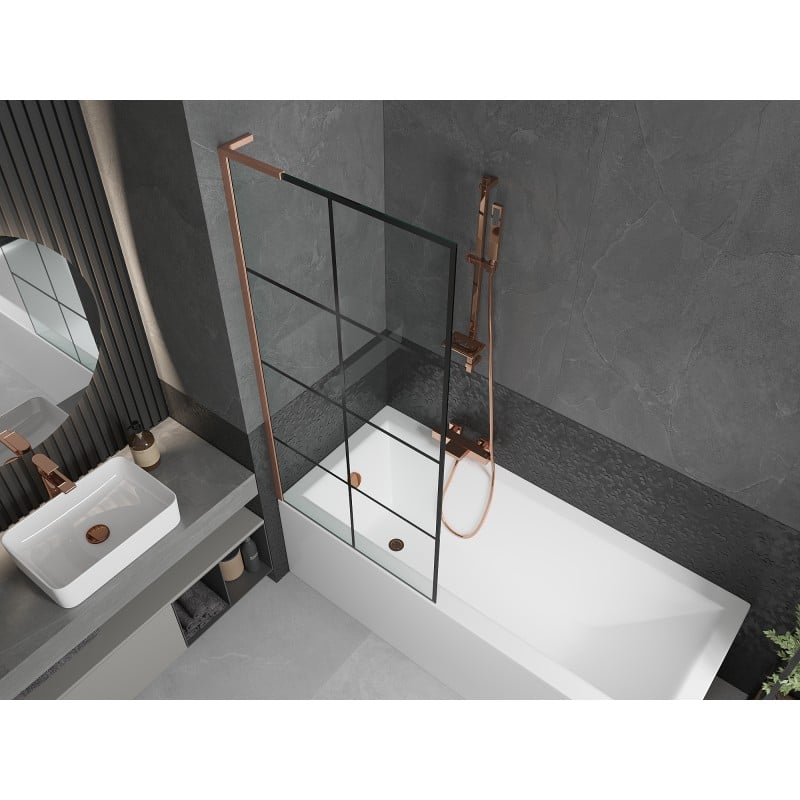Mexen Next L Badewannenwand 1-flügelig 80 x 150 cm, schwarzes Raster, gebürstetes Kupfer - 895-080-000-03-77-65