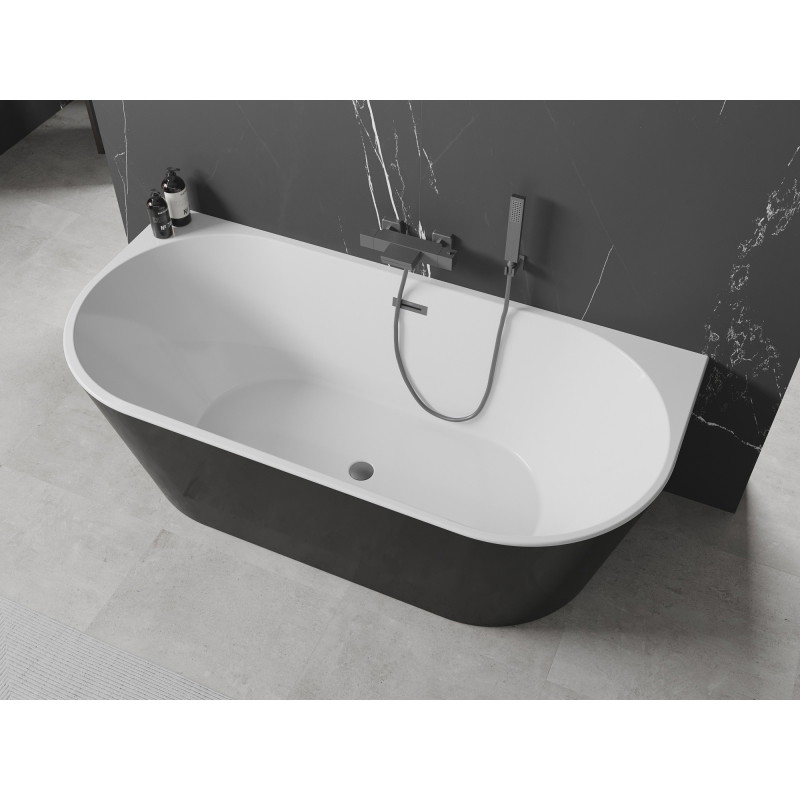 Mexen Oval freistehende Badewanne wandnah 160 x 80 cm, weiß/schwarz, Überlauf Gun Metal - 52671608075-95