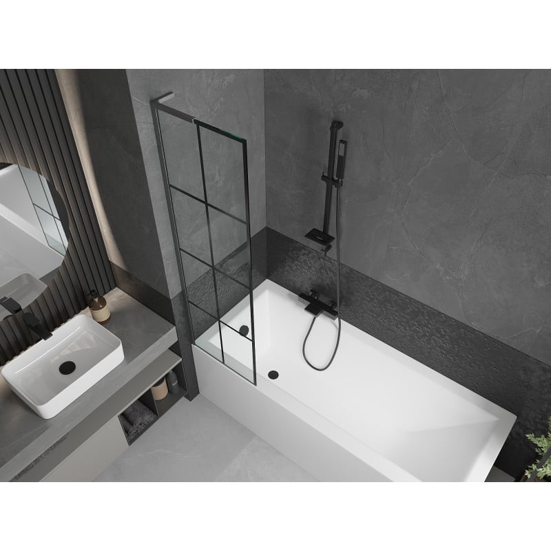 Mexen Next L Badewannenabtrennung 1-flügelig 50 x 150 cm, schwarzes Raster, gun gray gebürstet - 895-050-000-03-77-66