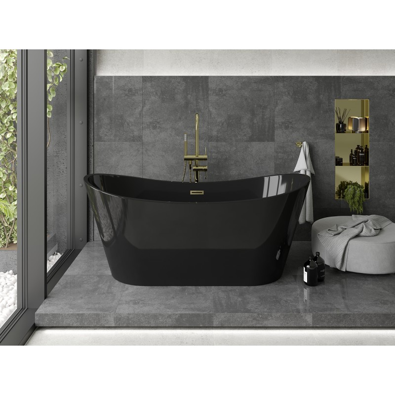 Mexen Montana freistehende Badewanne 170 x 80 cm, schwarz, Überlauf in gebürstetem Gold - 52011708070-55