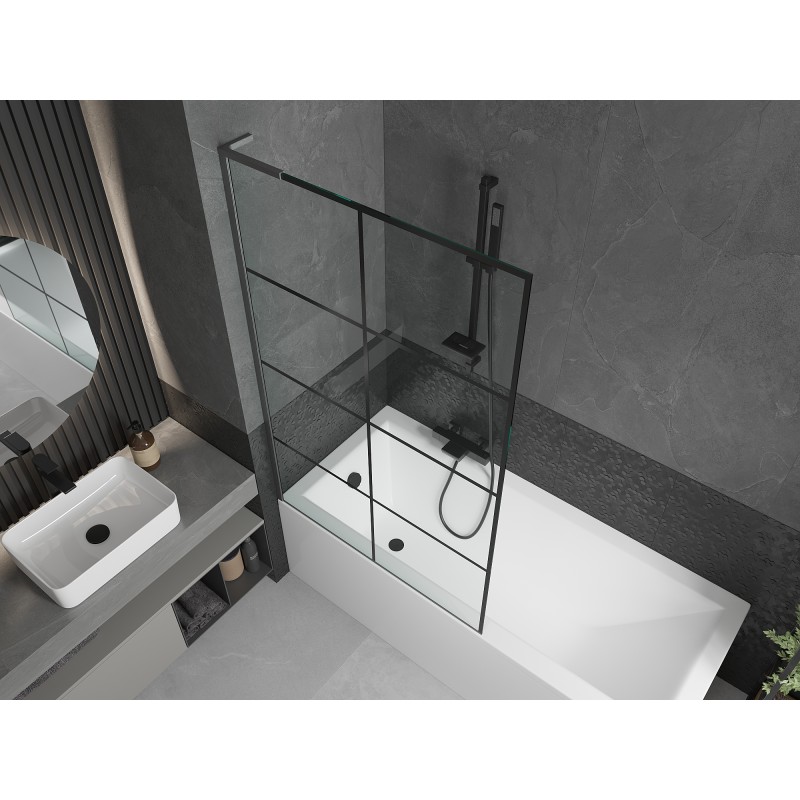 Mexen Next L Badewannenfaltwand 1-flügelig 100 x 150 cm, schwarzes Gitter, gebürstet Gun Gray - 895-100-000-03-77-66