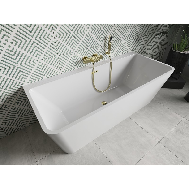Mexen Volta freistehende an der Wand montierte Badewanne 150 x 75 cm, weiß, Überlauf gold - 51131507500-50