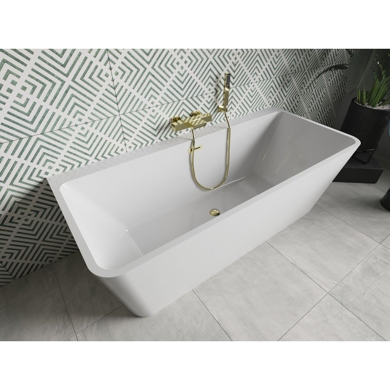 Mexen Volta freistehende Wandbadewanne 170 x 75 cm, weiß, Überlauf gold - 51131707500-50