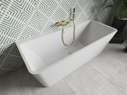 Mexen Volta freistehende wandmontierte Badewanne 150 x 75 cm, weiß, Überlauf gebürstetes Gold - 51131507500-55