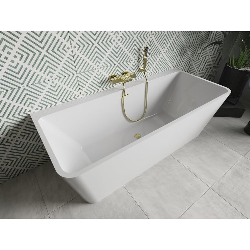 Mexen Volta freistehende wandnahe Badewanne 170 x 75 cm, weiß, Überlauf gebürstetes Gold - 51131707500-55