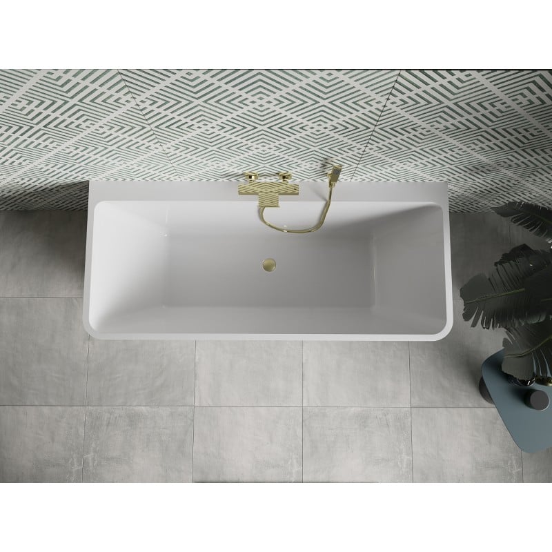 Mexen Volta freistehende wandmontierte Badewanne 150 x 75 cm, weiß, Überlauf gebürstetes Gold - 51131507500-55