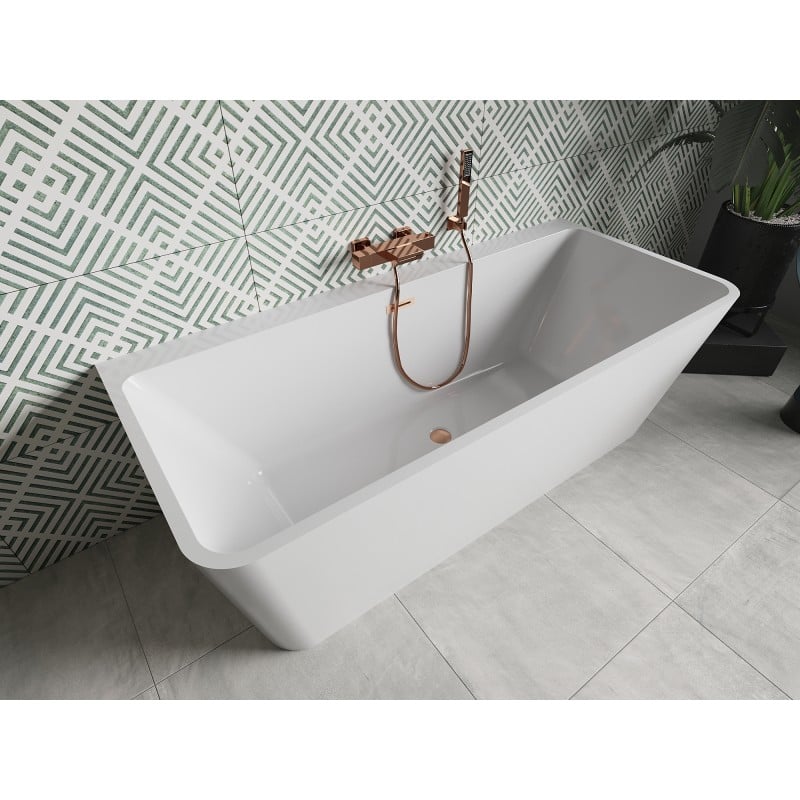 Mexen Volta freistehende, wandnahe Badewanne 150 x 75 cm, weiß, Überlauf gebürstetes Kupfer - 51131507500-65