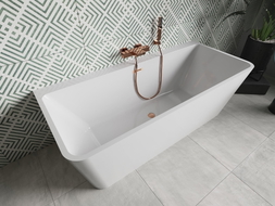 Mexen Volta freistehende, wandnahe Badewanne 150 x 75 cm, weiß, Überlauf gebürstetes Kupfer - 51131507500-65