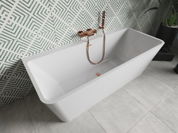 Mexen Volta freistehende wandmontierte Badewanne 170 x 75 cm, weiß, Überlauf gebürstetes Kupfer - 51131707500-65
