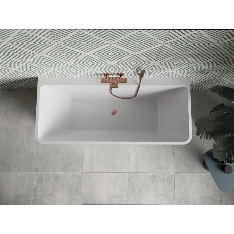 Mexen Volta freistehende, wandnahe Badewanne 150 x 75 cm, weiß, Überlauf gebürstetes Kupfer - 51131507500-65