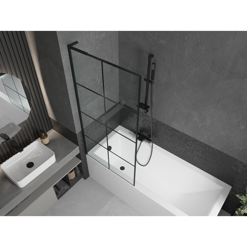 Mexen Next L Badewannenfaltwand 1-flügelig 80 x 150 cm, schwarzes Raster, schwarz - 895-080-000-03-77-70