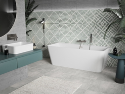 Mexen Volta freistehende an der Wand stehende Badewanne 150 x 75 cm, weiß, Überlauf aus gebürstetem Nickel - 51131507500-97