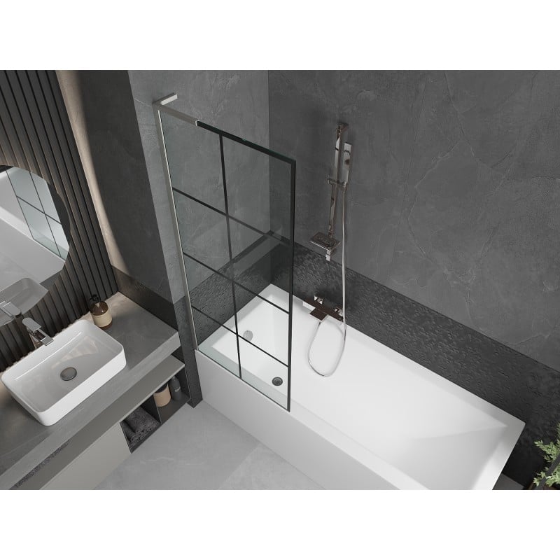 Mexen Next L Badewannenfaltwand 1-flügelig 70 x 150 cm, schwarzes Gitter, gebürsteter Nickel - 895-070-000-03-77-97