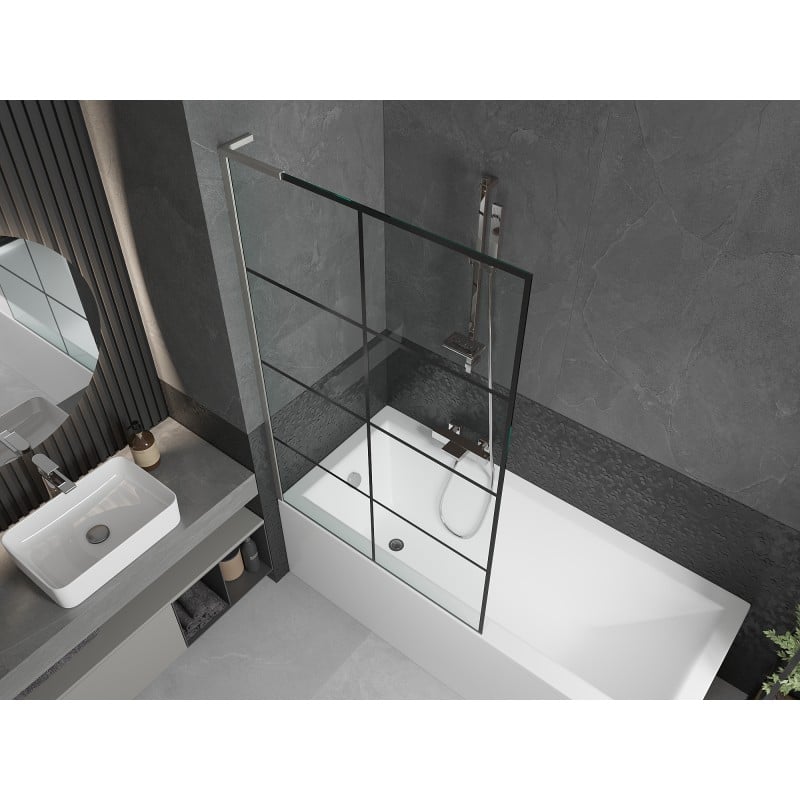 Mexen Next L Badewannenwand 1-flügelig 100 x 150 cm, schwarzes Gitter, gebürstetes Nickel - 895-100-000-03-77-97