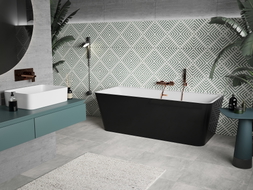 Mexen Volta freistehende, wandstehende Badewanne 150 x 75 cm, weiß/schwarz, Überlauf Roségold - 51131507575-60