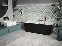 Mexen Volta freistehende wandnahe Badewanne 150 x 75 cm, weiß/schwarz, gebürstetes Kupfer Überlauf - 51131507575-65