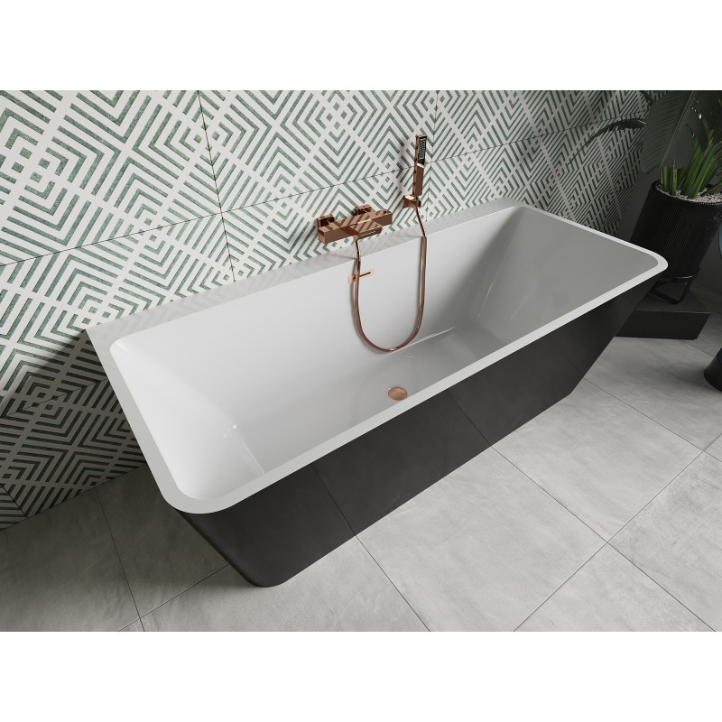 Mexen Volta freistehende wandnahe Badewanne 150 x 75 cm, weiß/schwarz, gebürstetes Kupfer Überlauf - 51131507575-65