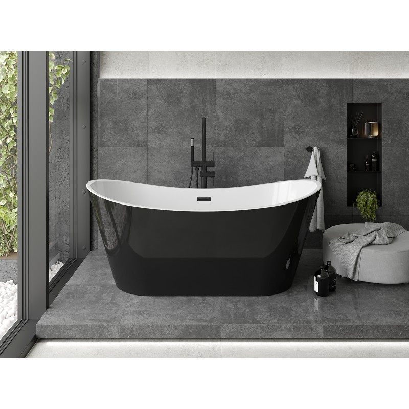 Mexen Montana freistehende Badewanne 180 x 80 cm, weiß/schwarz, schwarzer Überlauf - 52011808075-70
