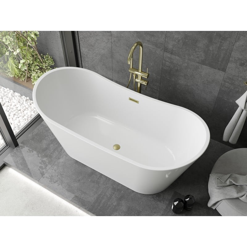 Mexen Montana freistehende Badewanne 180 x 90 cm, weiß, Überlauf gebürstetes Gold - 52011809000-55