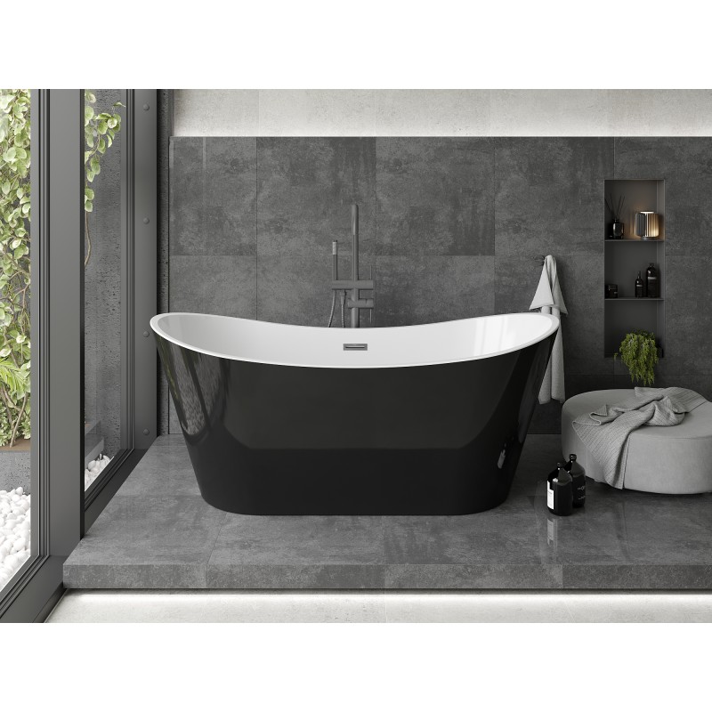 Mexen Montana freistehende Badewanne 180 x 90 cm, weiß/schwarz, Überlauf gun gray gebürstet - 52011809075-66