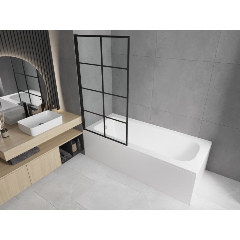 Mexen Vega Rechteckige Badewanne 170 x 70 cm mit Verkleidung und 1-flügeliger Duschwand 80 cm, schwarzes Fixmuster