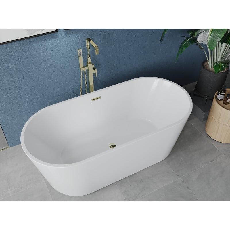 Mexen Luna freistehende Badewanne 160 x 75 cm, weiß, Überlauf gold - 52031607500-50