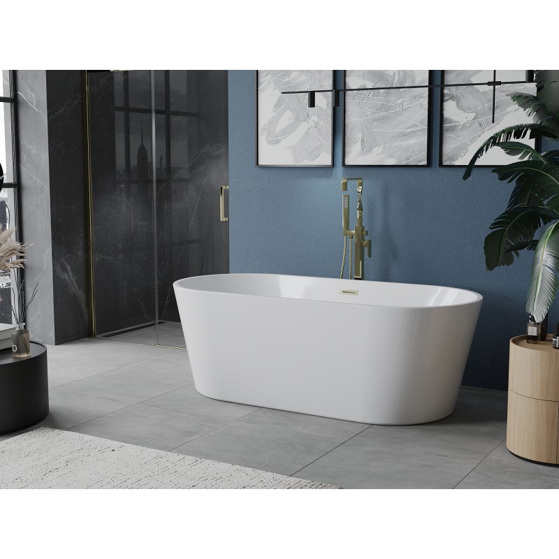 Mexen Luna freistehende Badewanne 160 x 75 cm, weiß, Überlauf gebürstet gold - 52031607500-55