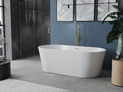 Mexen Luna freistehende Badewanne 160 x 75 cm, weiß, Überlauf gebürstet gold - 52031607500-55