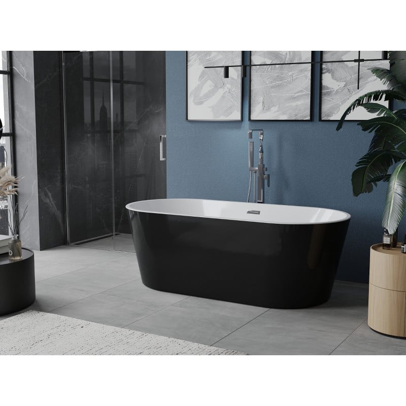 Mexen Luna freistehende Badewanne 150 x 75 cm, weiß/schwarz, Überlauf Chrom - 52031507575-01