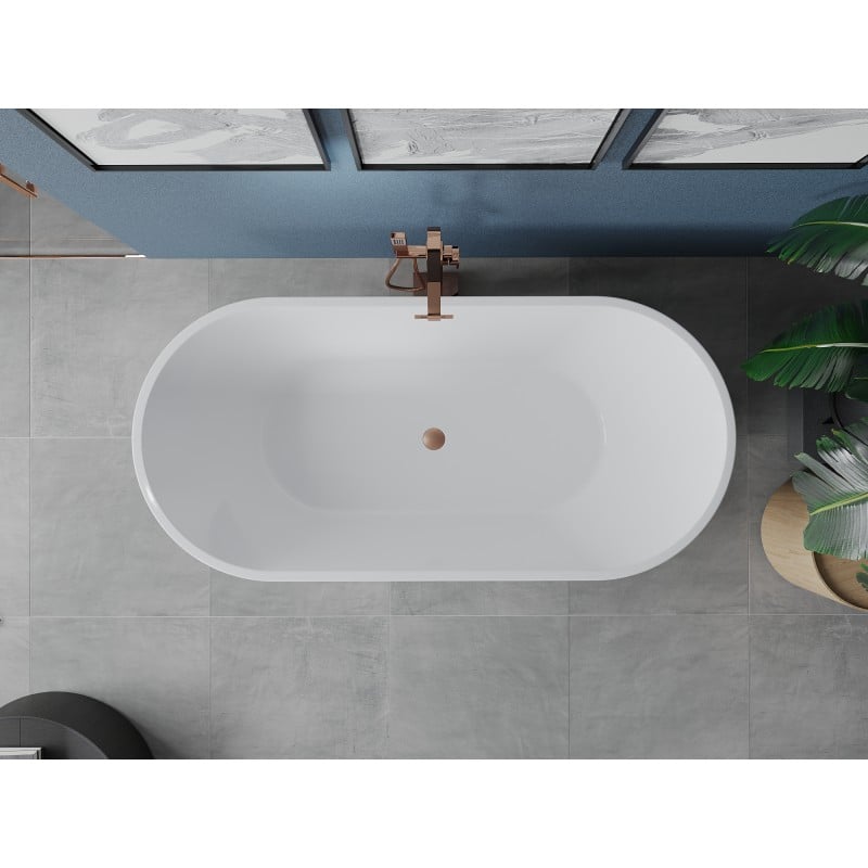 Mexen Luna freistehende Badewanne 160 x 75 cm, weiß/schwarz, Überlauf gebürstetes Kupfer - 52031607575-65
