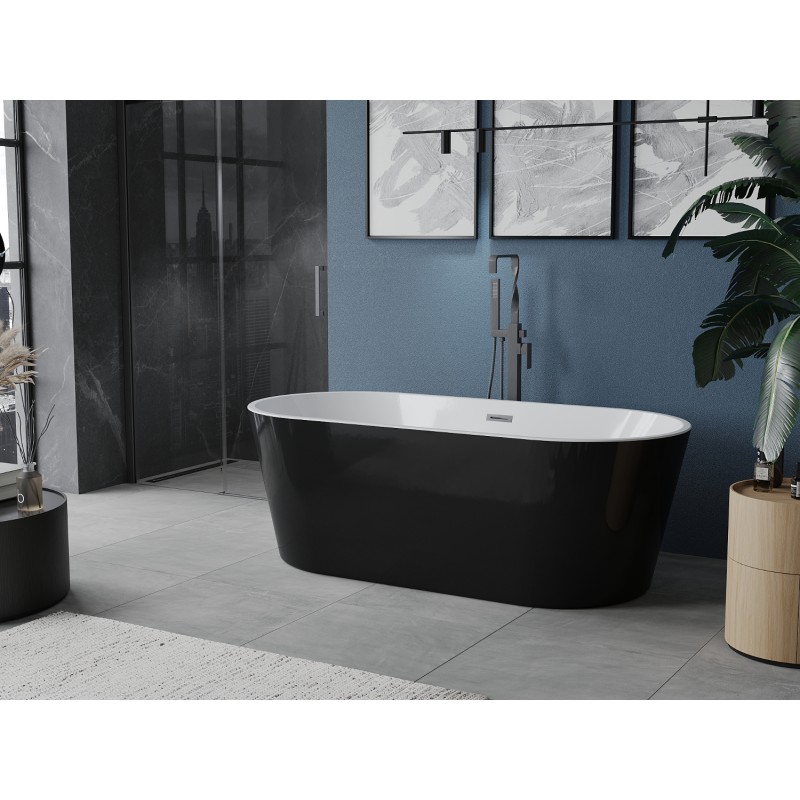 Mexen Luna freistehende Badewanne 160 x 75 cm, weiß/schwarz, Gun-Metal-Überlauf - 52031607575-95