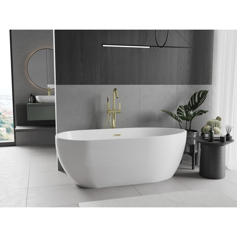 Mexen Eos freistehende Badewanne 170 x 75 cm, weiß, Überlauf gebürstetes Gold - 52471707500-55